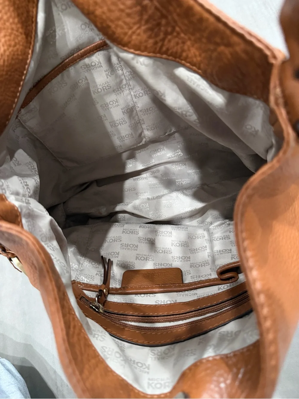 Michael Kors Cognac Pebbled Leather Shoulder Hobo with MK Charm